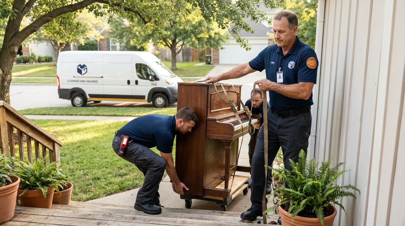 Licensed piano movers securing grand piano in Herrin, IL