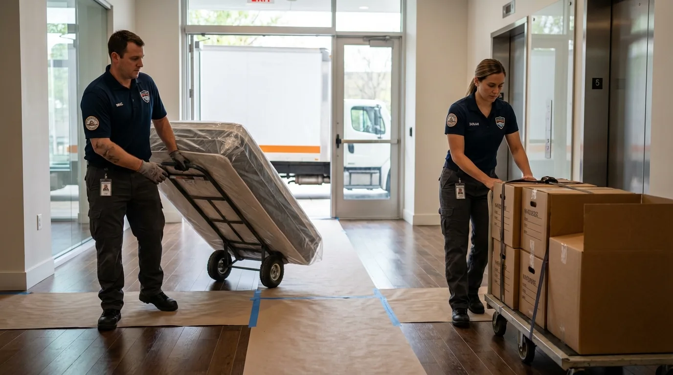 Professional apartment movers loading elevator in Herrin, IL